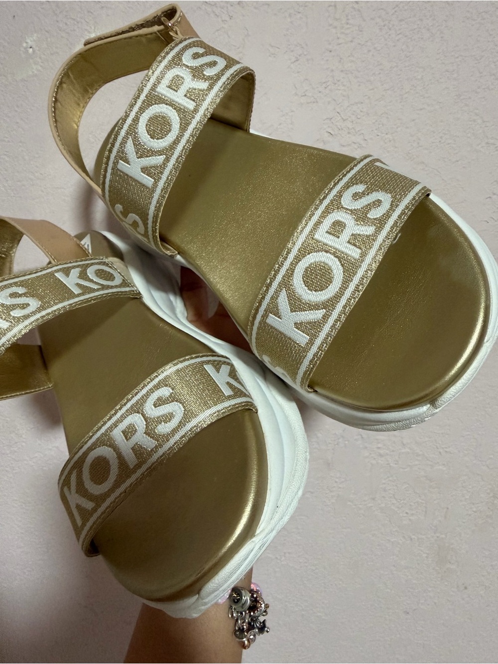 Michael Kors Gold Logo Strap Platform Sandals with White Sole - Picture 7 of 7